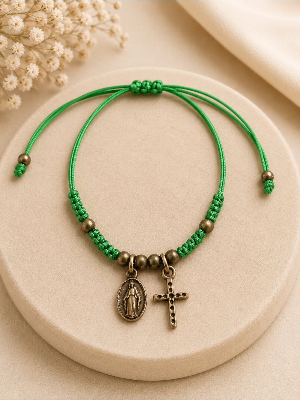 Green Adjustable Cord Bracelet with Cross & Medal Charm